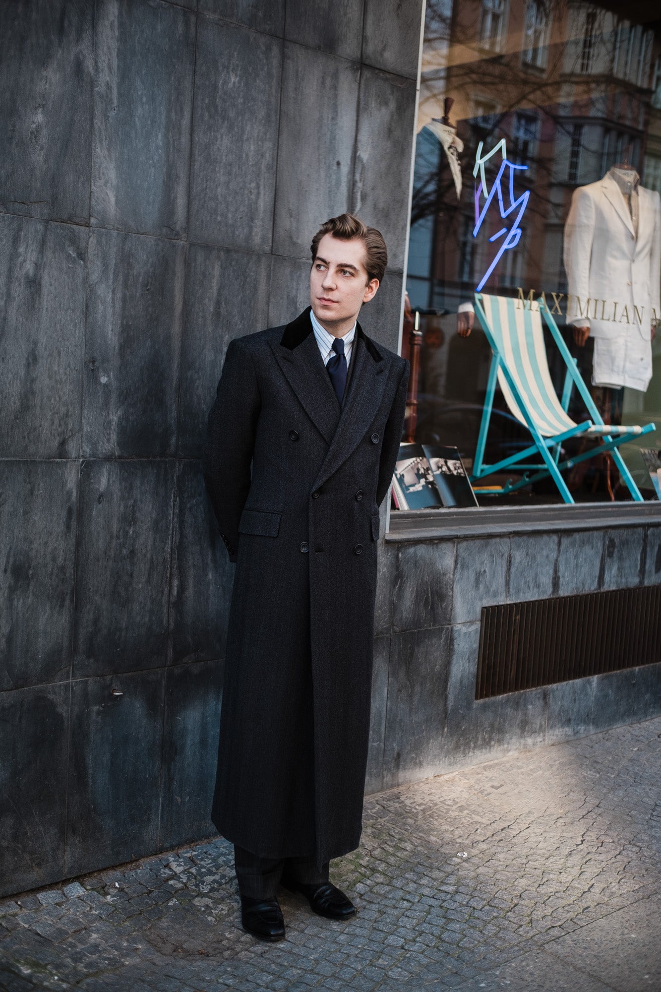 Overcoat Charcoal Herringbone by Loro Piana – Maximilian Mogg