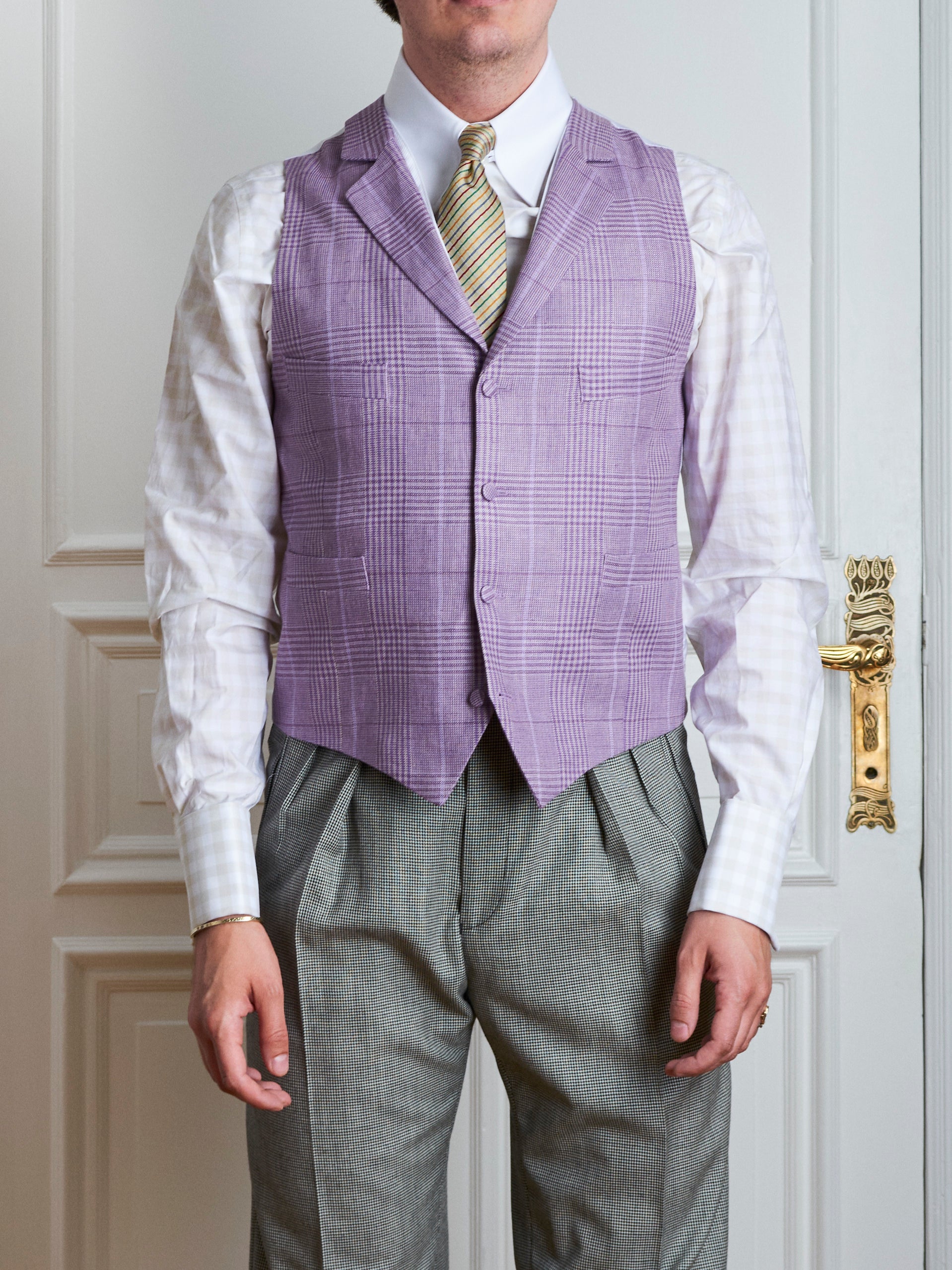 Morning Suit - Schwarzer feather stripe, grauer puppytooth & rosa Leinen-Karo