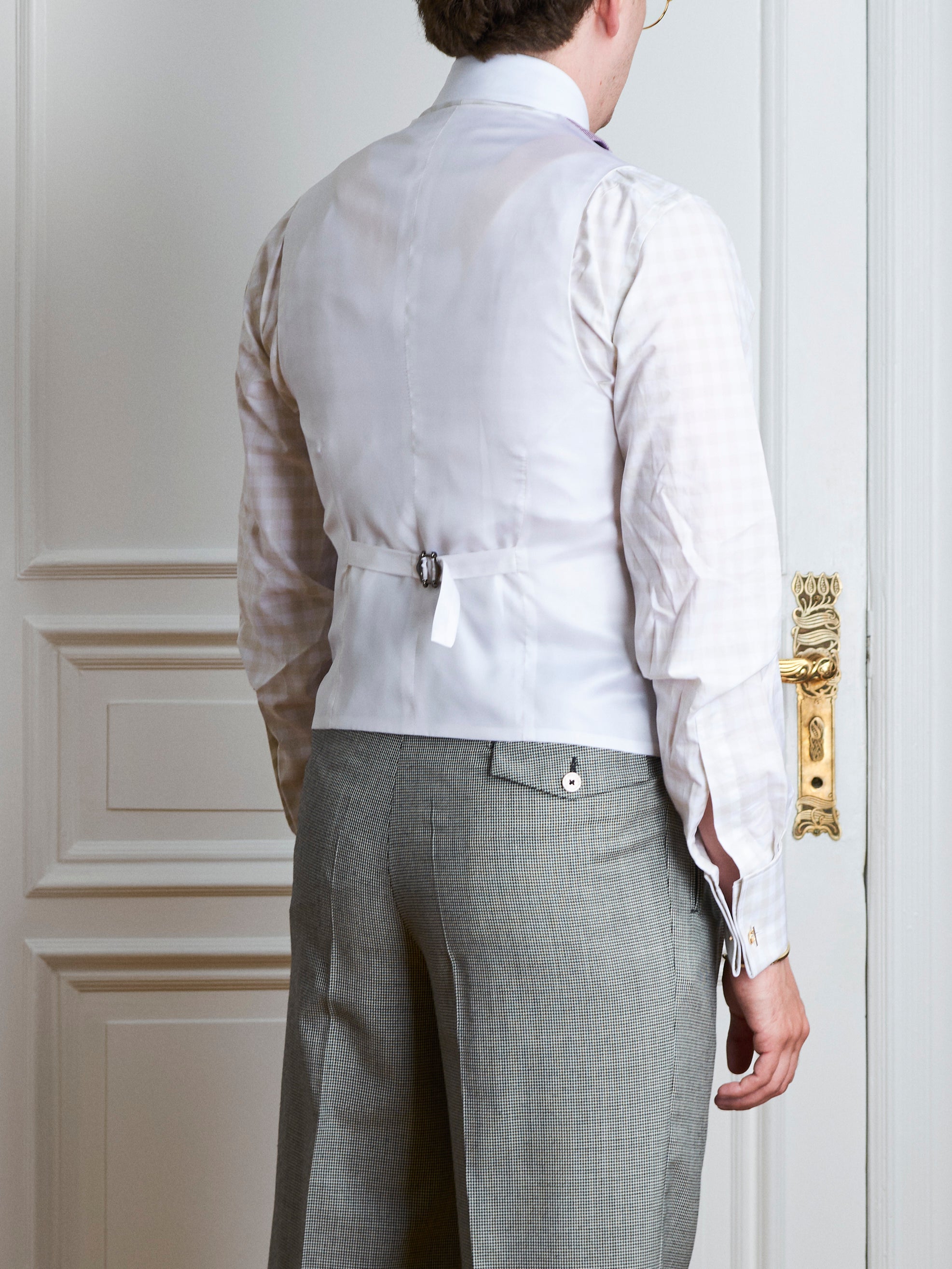 Morning Suit - Schwarzer feather stripe, grauer puppytooth & rosa Leinen-Karo