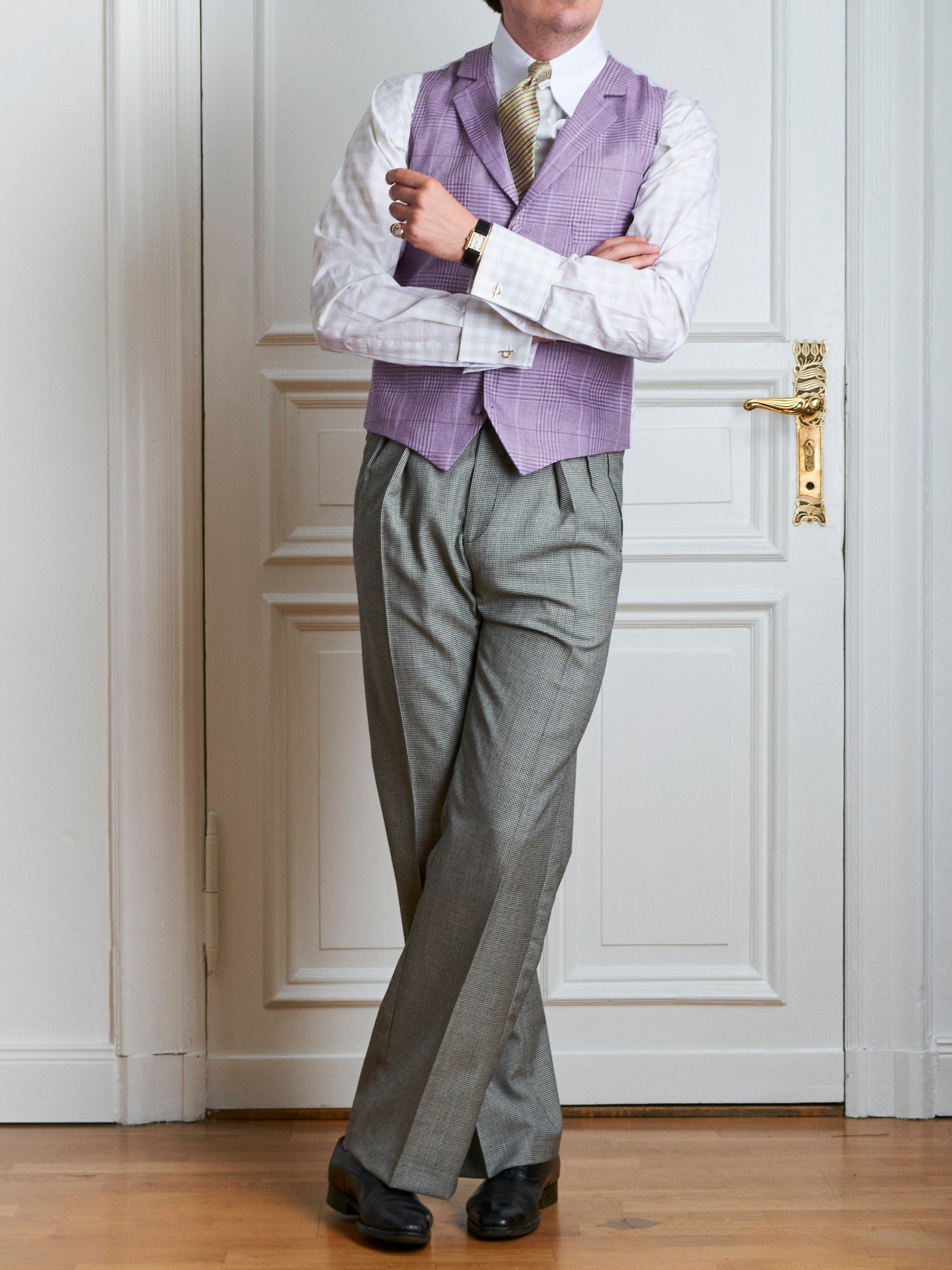 Morning Suit - Schwarzer feather stripe, grauer puppytooth & rosa Leinen-Karo