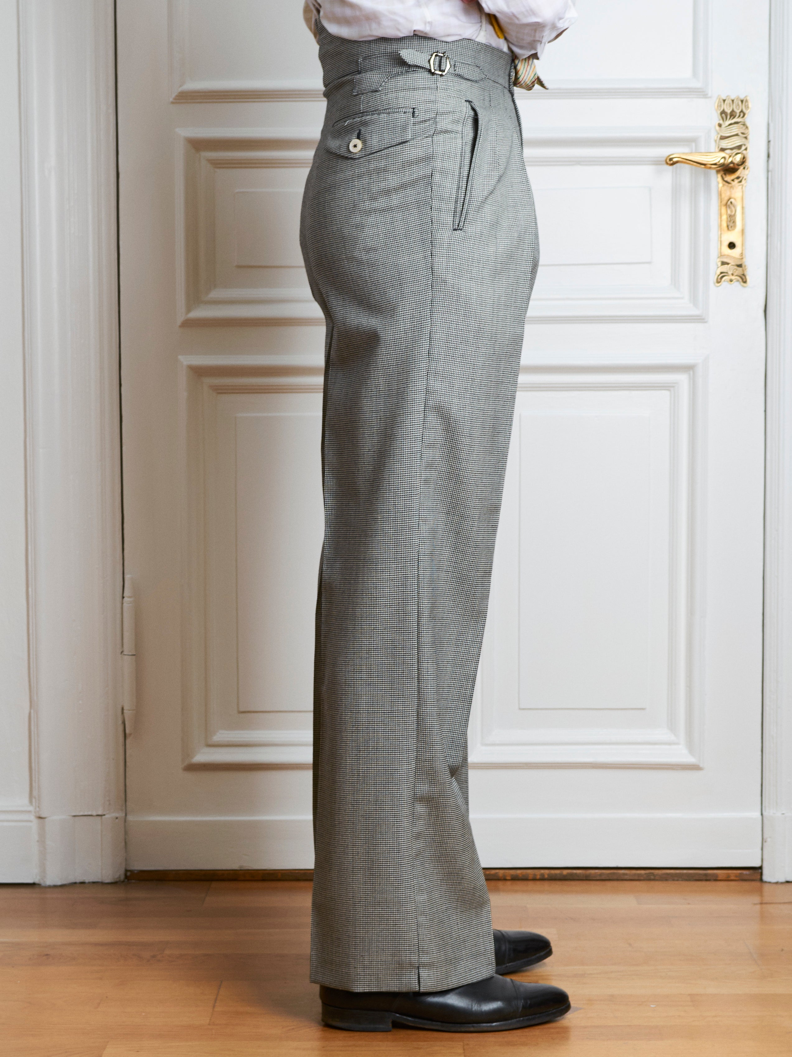 Morning Suit - Schwarzer feather stripe, grauer puppytooth & rosa Leinen-Karo