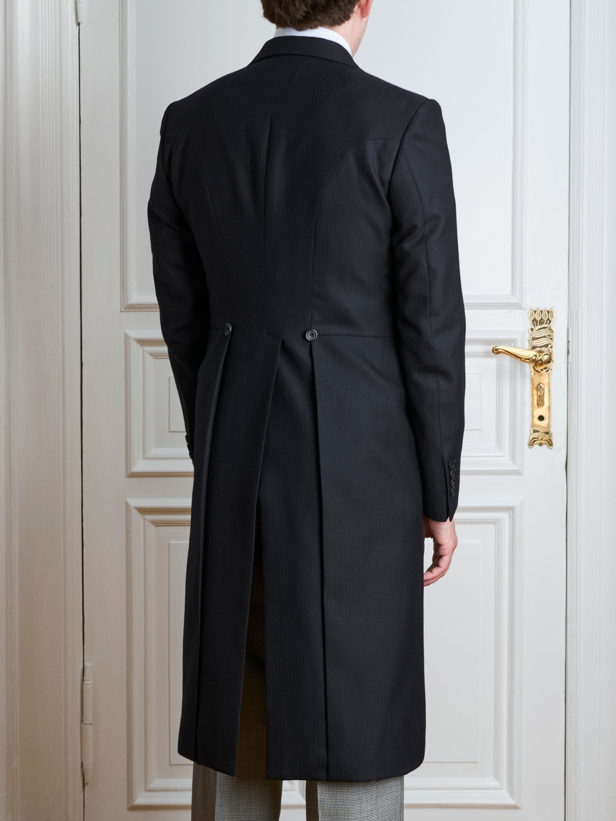 Morning Suit - Schwarzer feather stripe, grauer puppytooth & rosa Leinen-Karo