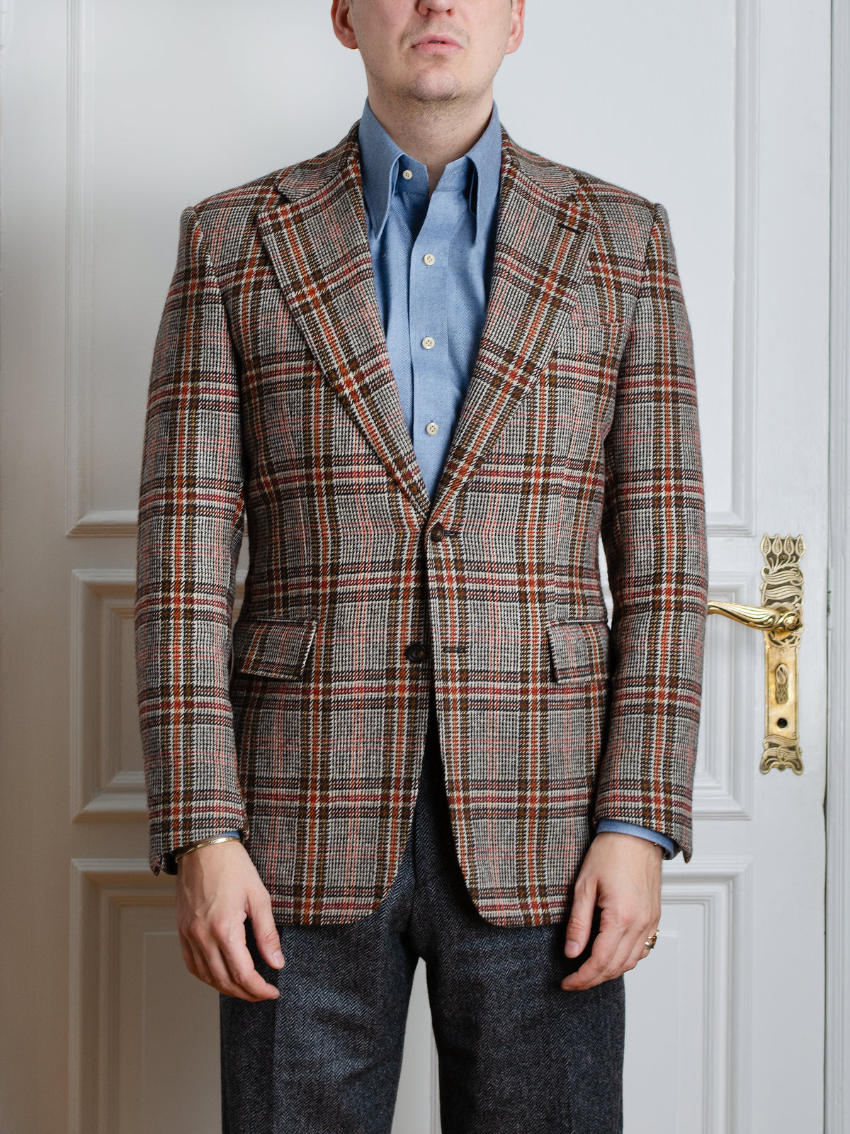Jacket - Beige-brown-orange Multicheck Tweed by Fox Brothers