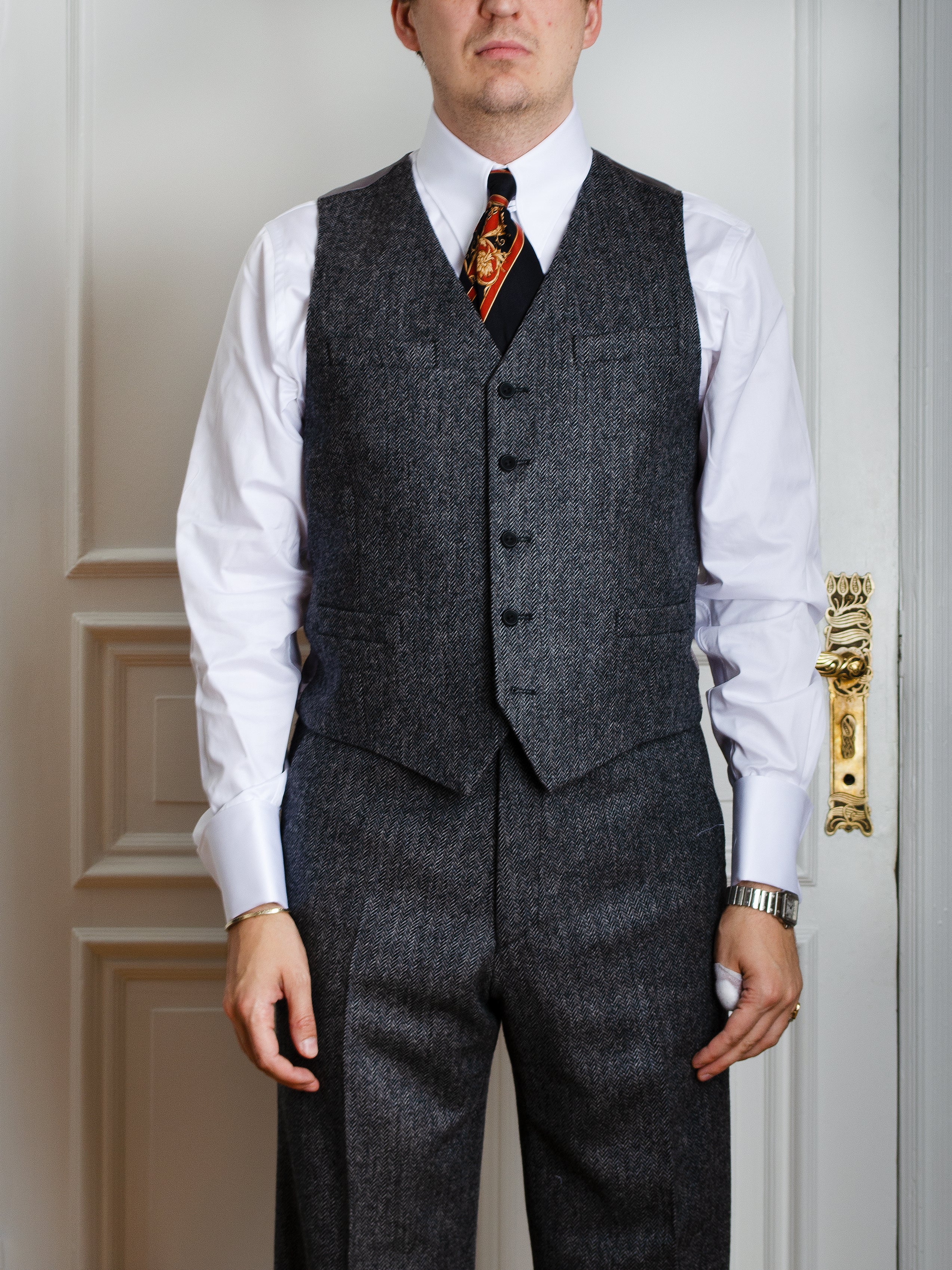 Anzug - Grau-schwarzer Herringbone-Tweed